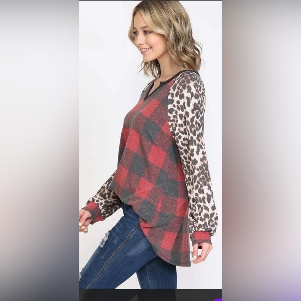 BiBi long sleeve vneck buffalo plaid cheetah print top